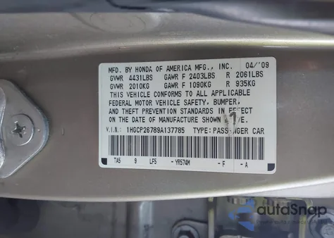 2009 Honda Accord 2.4 Ex z USA, uszkodzony, nr VIN 1HGCP26789A137785